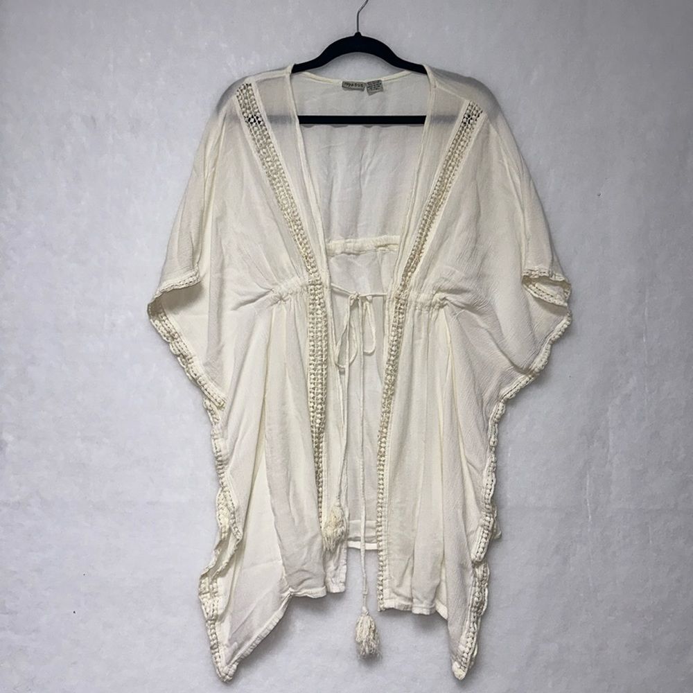 Cream Open-Front Swim Coverup Kimono with Tie Waist